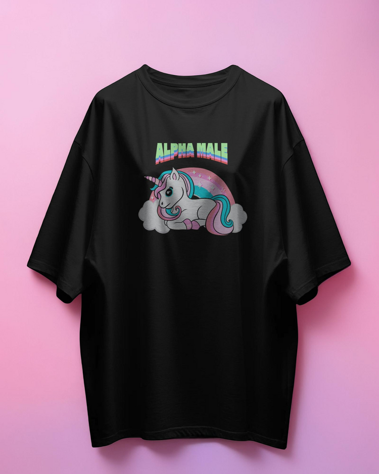 Black t-shirt with a unicorn graphic and 'Alpha Male' text on a pink background