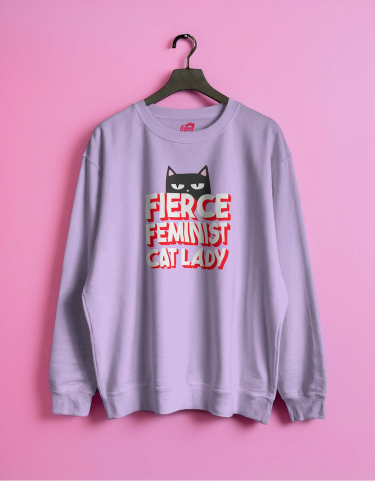 lilac sweatshirt with 'Fierce Feminist Cat Lady' text and cat graphic on a pink background
