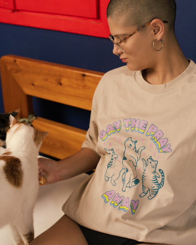 Gay the Pray Away cream oversized t-shirt with cats