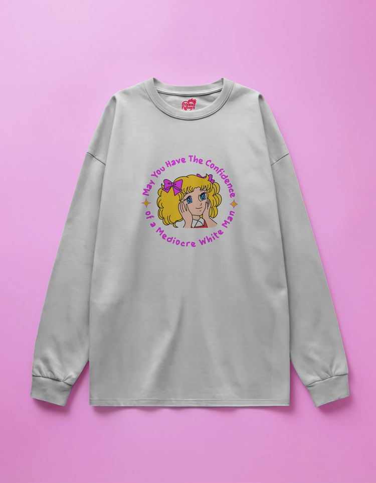 white sweatshirt with a graphic design on a pink background
