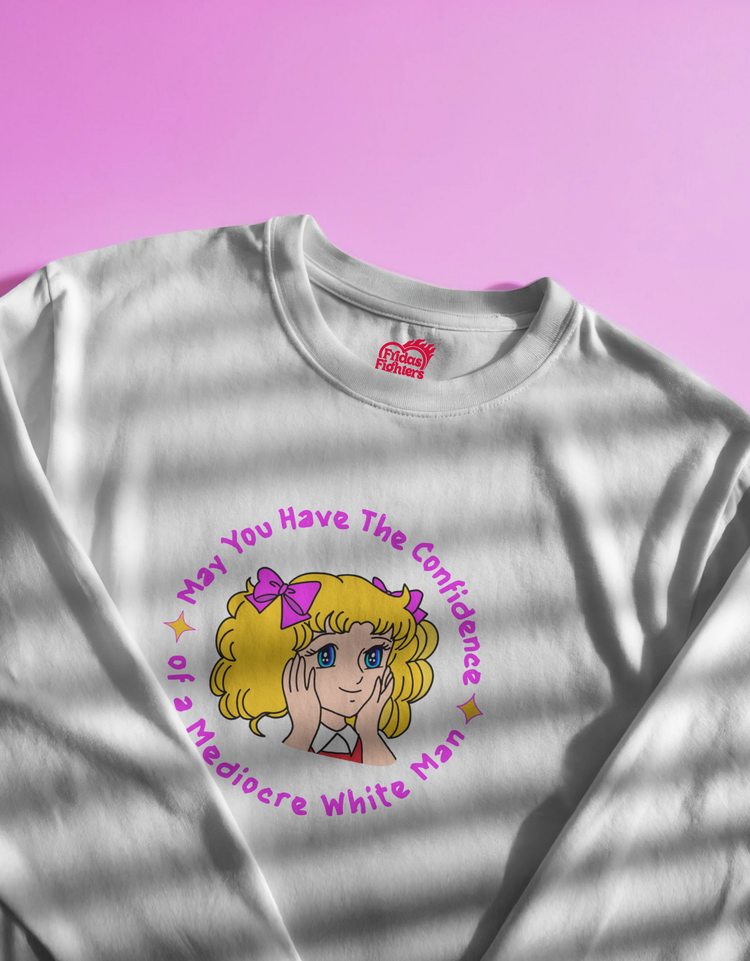 White sweatshirt with a graphic design of a cartoon character and text on a pink background