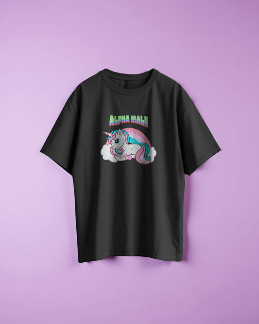 Black t-shirt with a unicorn graphic and 'Alpha male' text