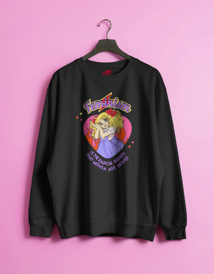 Black sweatshirt with graphic design and text on a pink background