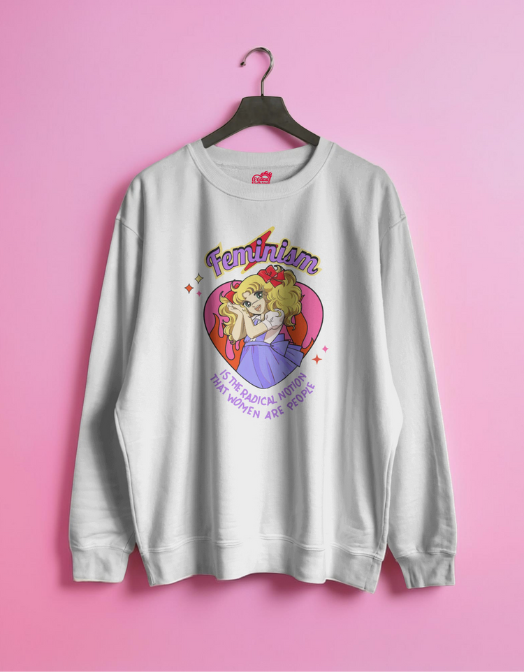 White sweatshirt with a graphic design and text on a pink background