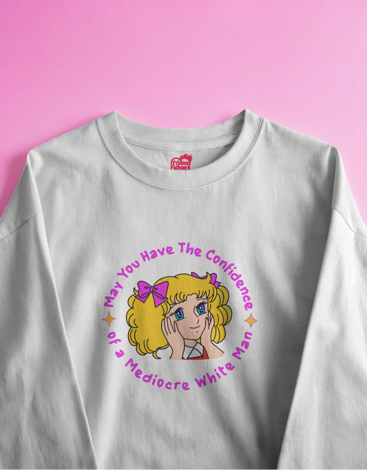 White sweatshirt with a graphic design of a cartoon character and text on a pink background