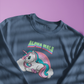 Blue sweatshirt with a unicorn graphic and 'Alpha Male' text on a pink background