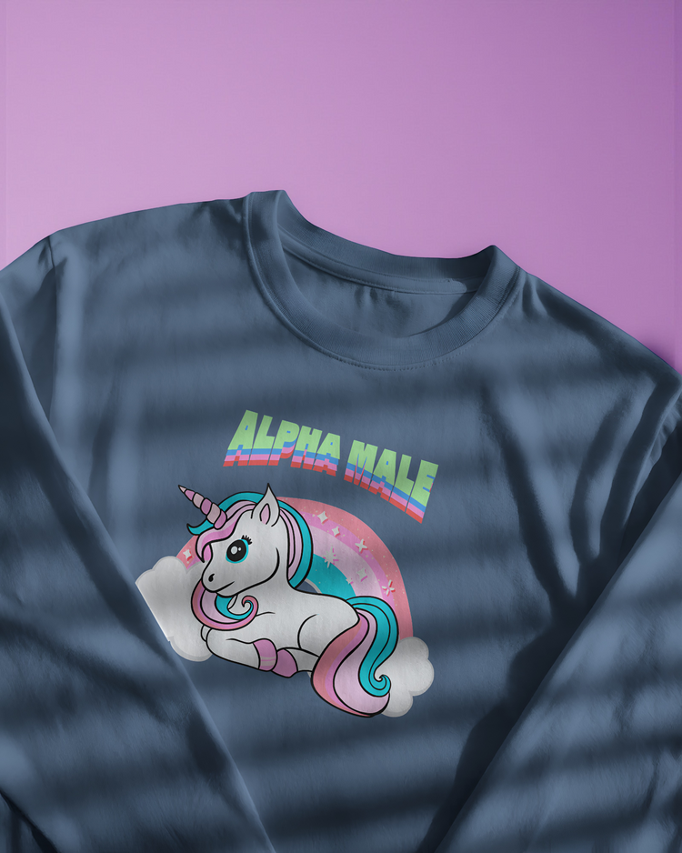Blue sweatshirt with a unicorn graphic and 'Alpha Male' text on a pink background