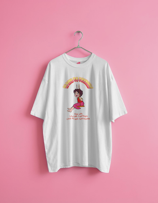 white t-shirt with a graphic design on a pink background