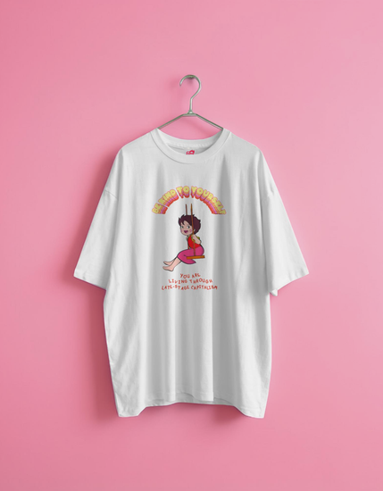 white t-shirt with a graphic design on a pink background