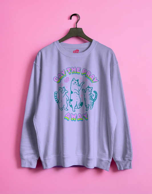 lilac sweatshirt with graphic design and text on a pink background